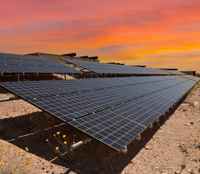 Solar panels at sunset